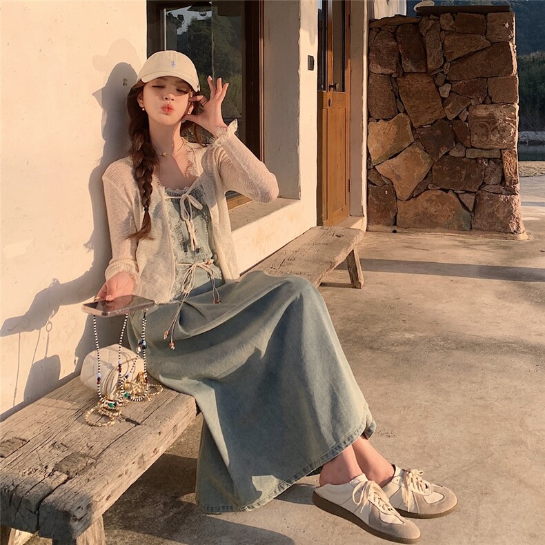 牛仔连衣裙套装女2025夏季新款法式复古开衫上衣显瘦吊带裙两件套图片