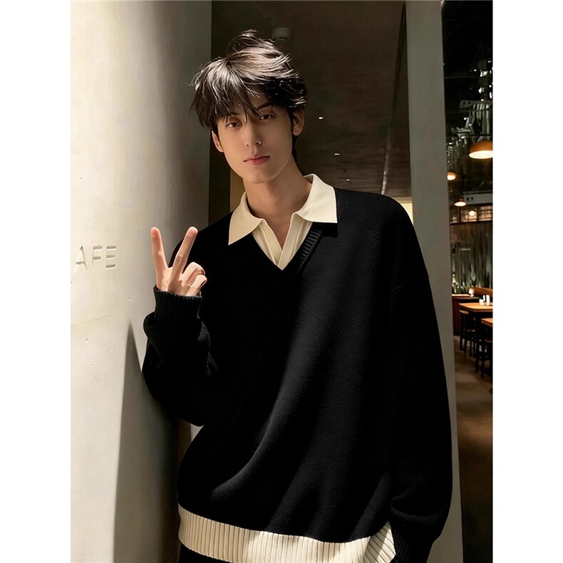 假两件翻领毛衣男款冬季加厚韩系慵懒风美式打底polo领针织衫MZ16图片