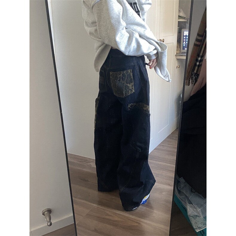 【有货】LBK611ZZ-特58 美式复古豹纹拼接大口袋工装弯刀牛仔裤图片