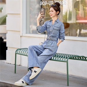 （新款现货）2026春装时尚休闲显瘦工装v领牛仔阔腿腰带连体裤女图片