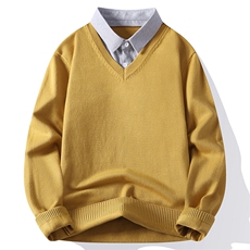 25701-P55秋季时尚翻领毛衣外套男假两件针织衫纯色衬衫领外套，男装针织衫/毛衣，电商D310B