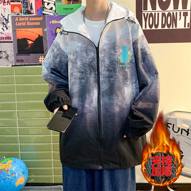 8XL-M 港风连帽棉衣男2023冬季新款渐变色夹棉棉服棉袄加肥加大码图片