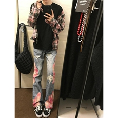 【有货】晚霞蕾丝拼接牛仔裤潮牌美式高街微喇裤子N0077LL-特P55，男装牛仔裤，星座1007（原301D）