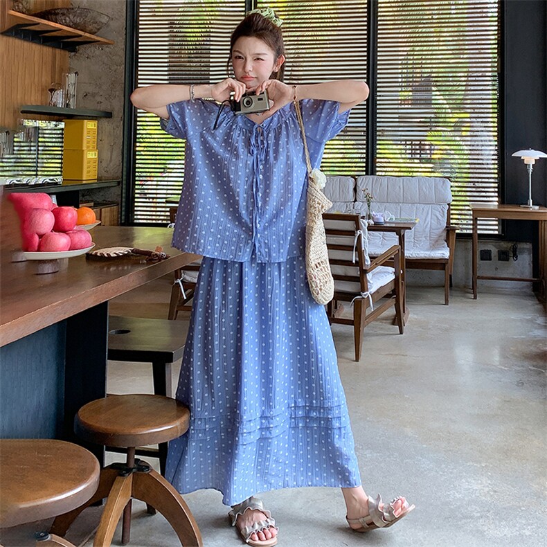 盐甜系度假风波点套装裙女2025夏新款短袖衬衫半身裙小个子两件套图片