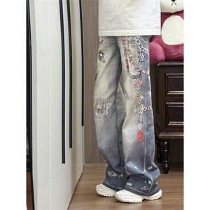 ！卡通链条数码印花水洗牛仔裤,20岁的穿搭冬季图片