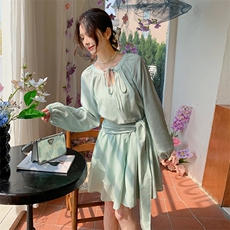 法式温柔风圆领系带收腰连衣裙女2025春季新款时尚洋气小个子短裙，女装连衣裙，浙宝220