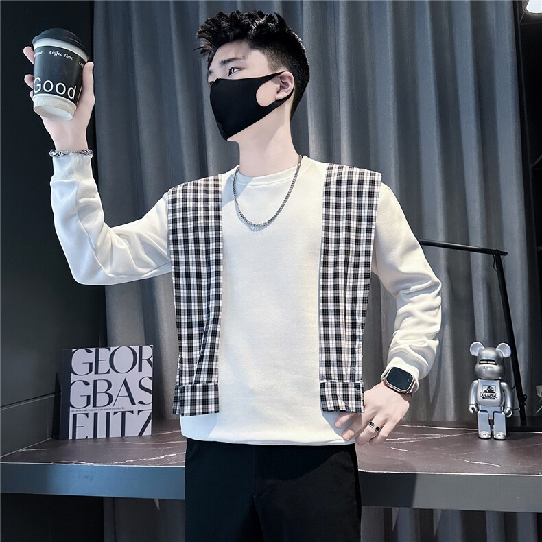 拼接格子围巾圆领卫衣男社会小伙店主风301C-WY65-特P58控88,男装卫衣,星座301C（原B323）