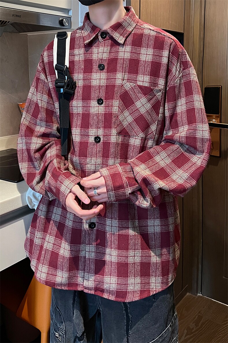 8XL-M格子衬衫男长袖秋季美式复古潮宽松衬衣外套CS516P55控78,男装衬衫,电商D206-1