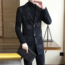 秋冬男士商务西装领休闲时尚毛呢大衣中长款风衣格子外套N10，男装毛呢大衣，电商B226-2（原B217-2）