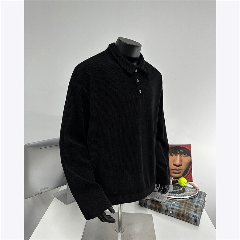 假模图肌理感坑条POLO衫男简约卫衣宽松潮流长袖外套2026春装P48，男装Polo衫，电商C306-1
