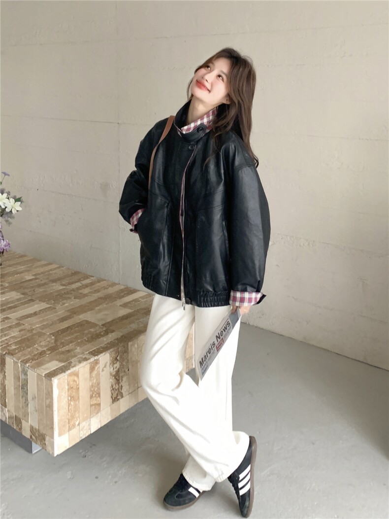 美式复古机车女孩皮衣女2026新款春季翻领宽松高级格纹撞色外套,女装皮衣,艾米莉亚