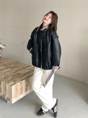 美式复古机车女孩皮衣女2026新款春季翻领宽松高级格纹撞色外套，女装皮衣，艾米莉亚