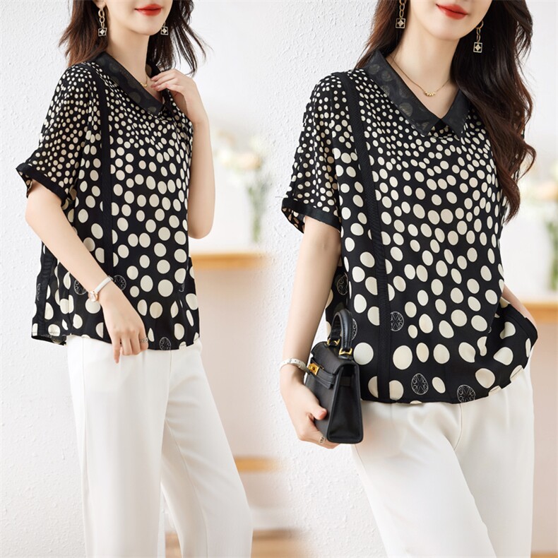 2024夏季新款时尚波点印花雪纺衫修身显瘦蕾丝拼接短袖上衣，女装蕾丝衫/雪纺衫，余墨