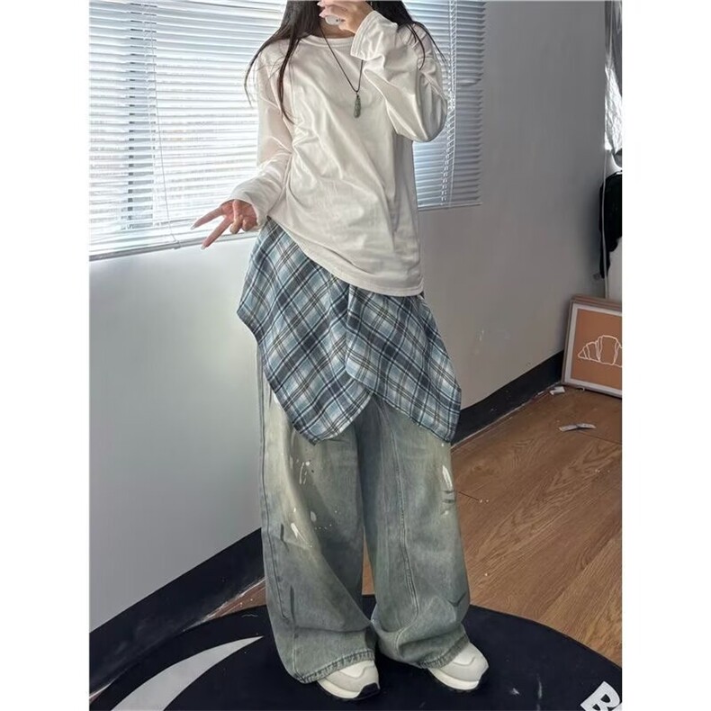 美式复古磨破做旧水洗蓝牛仔裤男款秋季cleanfit休闲宽松阔腿长裤,男装牛仔裤,星座506A