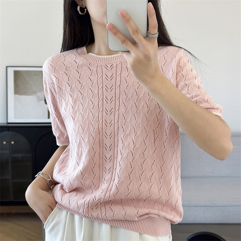 2025年新款短袖T恤女爆款夏季女装纯棉薄款时尚短款上衣针织衫,针织衫/毛衣,洁纯羊绒