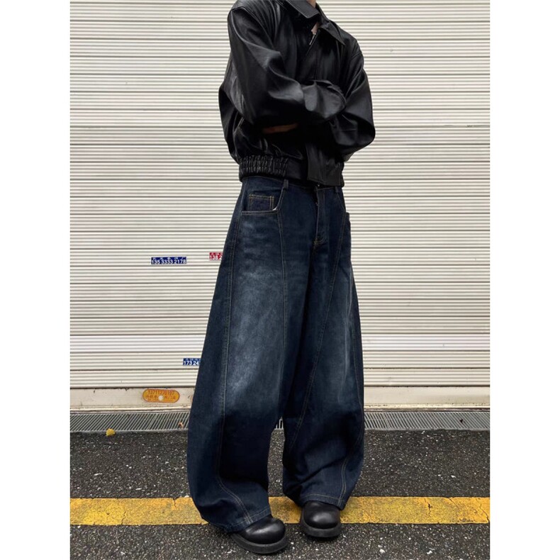 潮流刺绣男女拖地长裤弯刀牛仔裤宽松休闲阔腿裤子K7128-P48网图图片