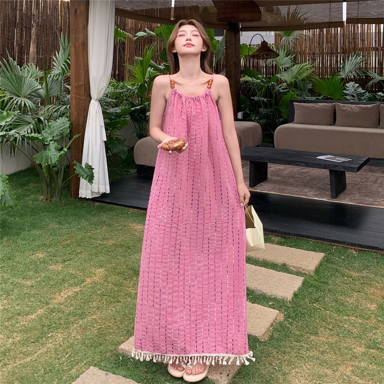 亮片流苏拼接玫红色吊带连衣裙女夏2025新款多巴胺绝美洋气长裙子,女装连衣裙,2C216