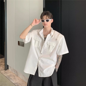 夏季拉链设计感休闲长袖衬衫男简约解构高级感工装白色衬衣潮CS16图片