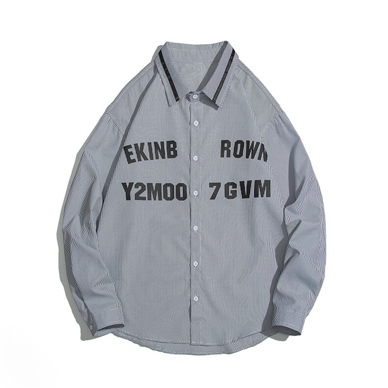 1白底条纹七分袖衬衫男大码日系港风情侣长袖衬衫QCS7018P45控59，男装衬衫，星座226-2