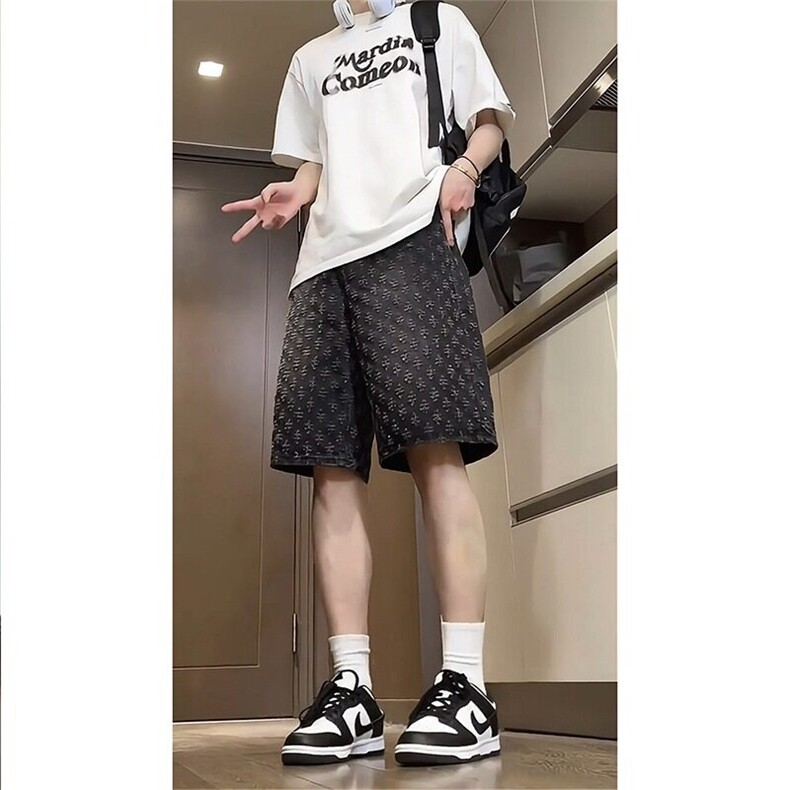 满印提花美式复古牛仔短裤男夏季薄款hiphop裤子潮牌设计感五分裤图片