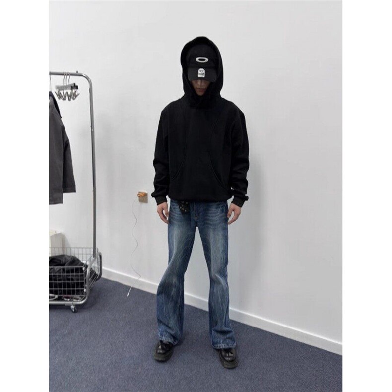 美式复古解构拼接cleanfit灰色连帽卫衣男女春秋高街boxy帽衫外套,男装卫衣,星座506A