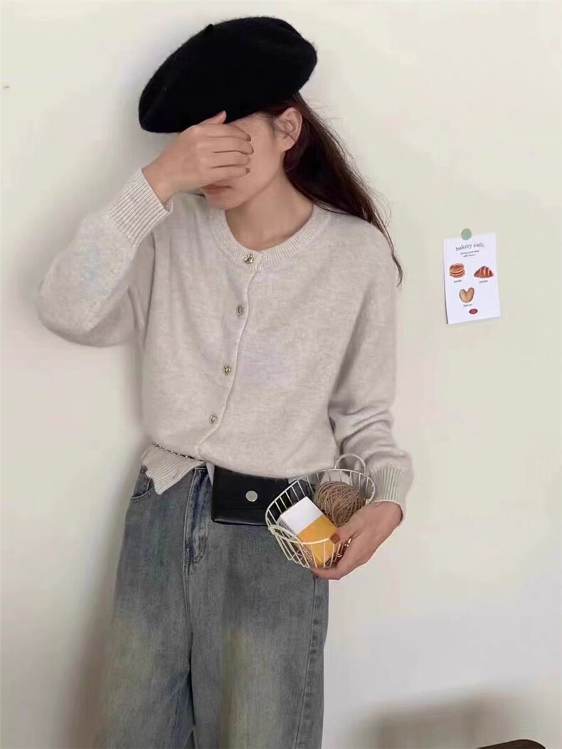 糖果色圆领羊毛针织开衫女爱心扣毛衣外套秋冬宽松显瘦百搭针织衫，女装针织衫/毛衣，恒恩羊绒