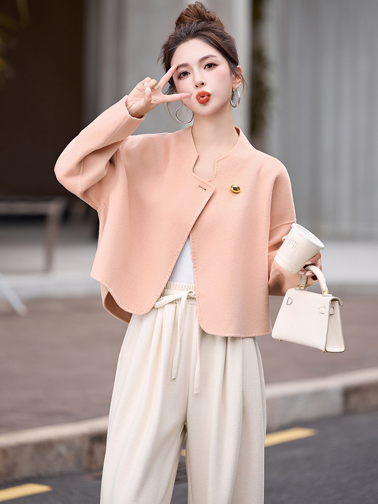现货韩版短款双面羊毛大衣女时尚2025新款超洋气减龄双面羊毛外套,女装双面呢大衣,仟媚宠