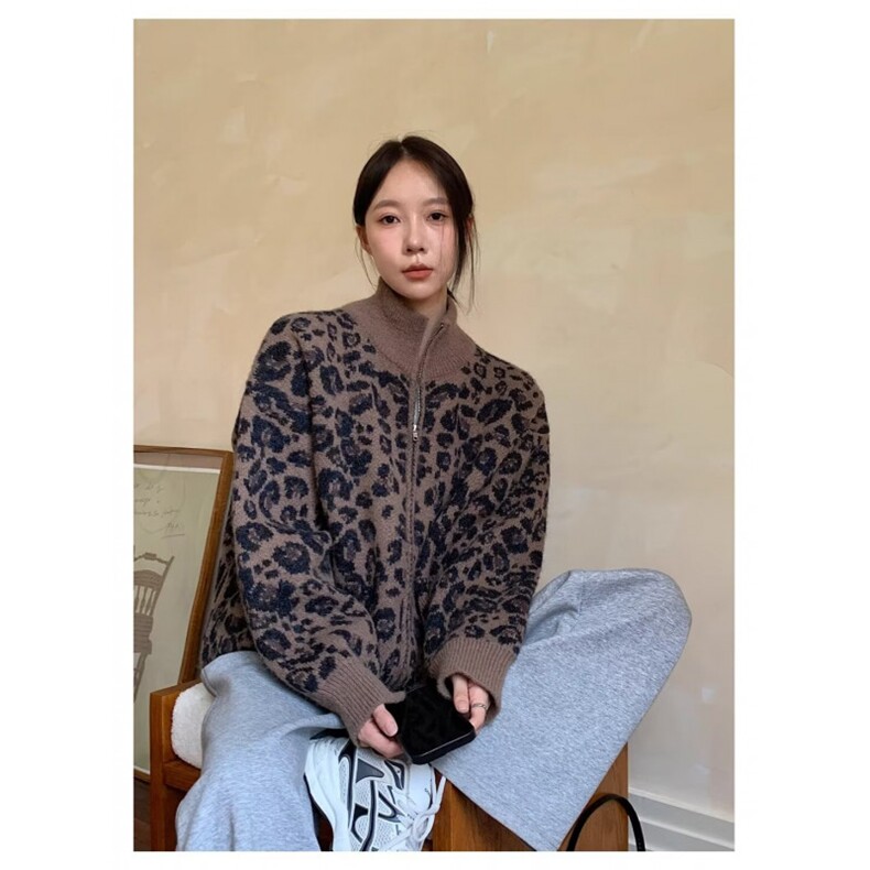 美式复古豹纹立领拉链开衫外套女常规潮长袖休闲半高领SWA242,女装短外套,星座516A