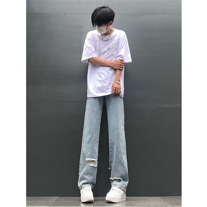 现货夏季显瘦破洞设计感宽松直筒高街薄款休闲牛仔裤K5802-特P35,男装牛仔裤,星座205