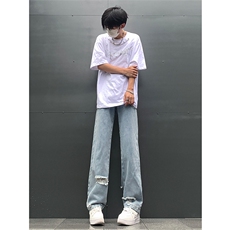 现货夏季显瘦破洞设计感宽松直筒高街薄款休闲牛仔裤K5802-特P35，男装牛仔裤，星座205