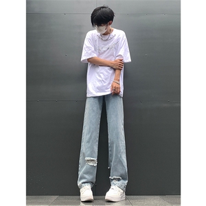 现货 夏季显瘦破洞设计感宽松直筒高街薄款休闲牛仔裤K5802-特P35图片