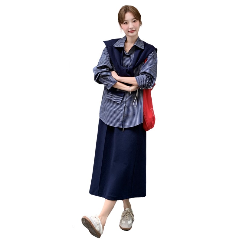 松弛感韩范披肩条纹衬衫套装裙女2025秋新款气质显瘦半身裙两件套,女装套装/套裙,2C177
