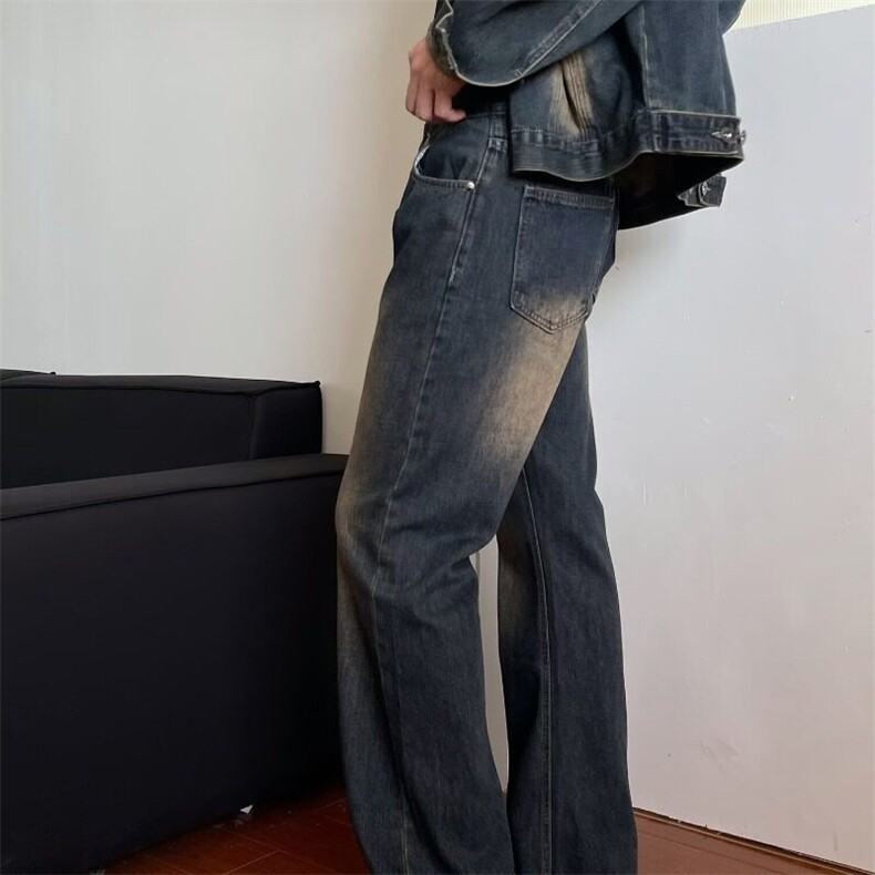 美式复古做旧牛仔外套洗水直筒宽松牛仔套装微喇长裤,男装牛仔裤,星座506A