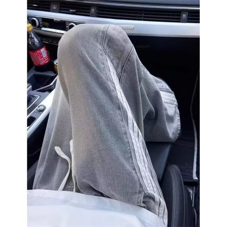 条纹拼接小众牛仔裤男秋季直筒宽松阔腿裤子复古拖地长裤NK55,男装牛仔裤,星座1116A（原606A-3）