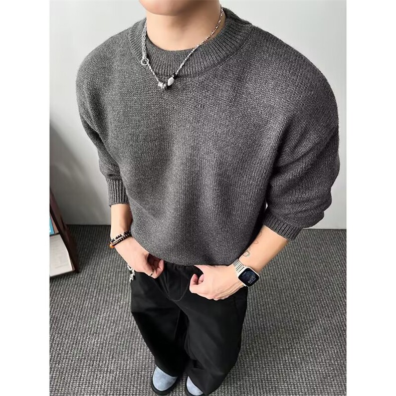 慵懒文艺新款冬季百搭宽松慵懒风假两件撞色灰色圆领针织毛衣男,男装针织衫/毛衣,星座506A