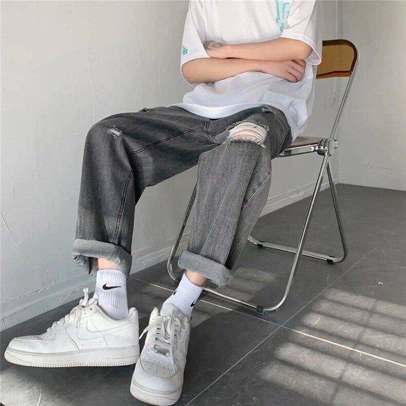 破洞牛仔裤男夏季薄款九分裤潮牌直筒宽松老爹裤子韩版潮流乞丐裤图片