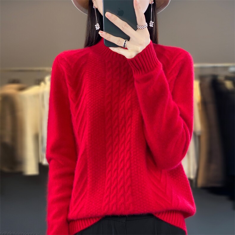 2025年秋季通勤重磅加厚半高扭花时尚百搭通勤柔软休闲,女装羊毛衫,大美人包芯纱店