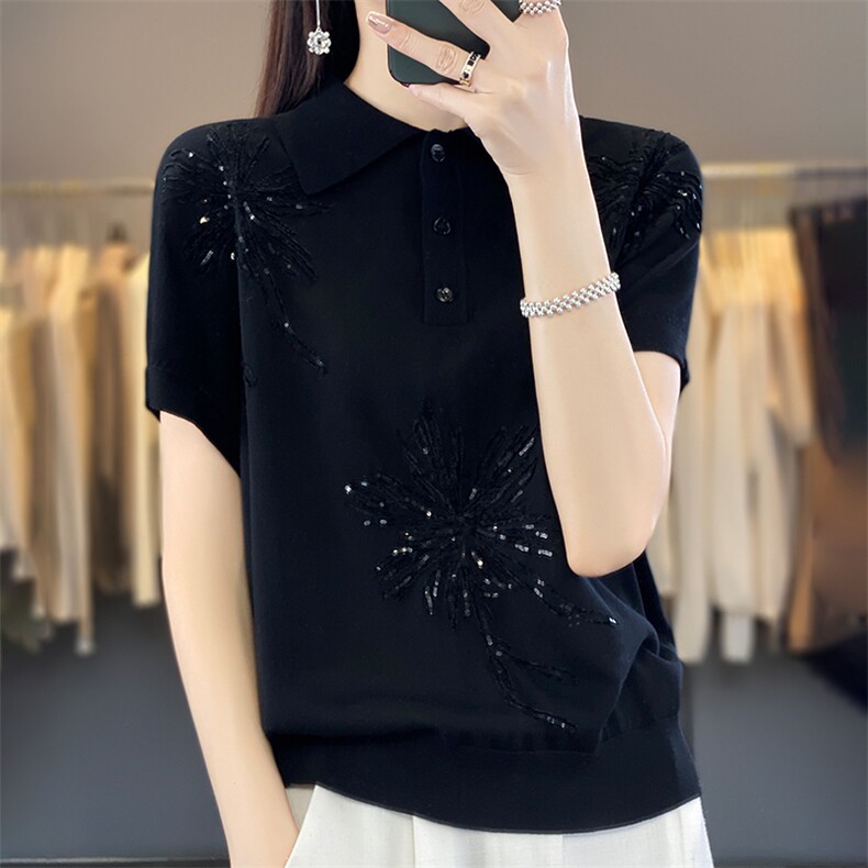polo领天丝针织短袖女夏季新款纯色绣片提花背心百搭显瘦上衣t恤图片