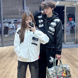 高品质春装新款美式高街潮牌解构设计休闲连帽卫衣男女慵懒风外套图片