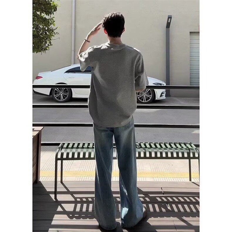 网络图，美式复古男女新款夏季微喇直筒裤牛仔裤XZ302B-1-N30P48,男装牛仔裤,星座302B-1