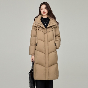 长款连帽羽绒服过膝高级感时尚高端白鸭绒外套女冬,长款羽绒服女款过膝穿搭图片