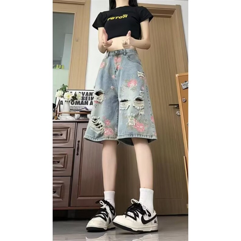 破洞牛仔短裤女2025新款夏季外穿中裤子宽松休闲五六分裤N837,男装牛仔裤,星座1116A（原606A-3）