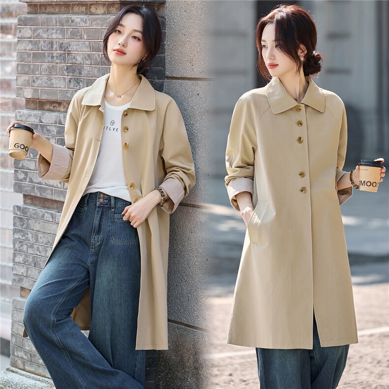松弛感秋季简约撞色袖子洋气减龄宽松版休闲纯色气质风衣通勤外套，女装风衣，姿衣坊