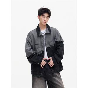 美式撞色拼接牛仔外套男女复古做旧流苏宽松情侣夹克潮JK0452-P72图片