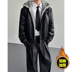 现货冬季美式潮牌痞帅PU皮机车服棉衣毛毛绒狼王座山雕皮棉服，男装棉衣，电商A486