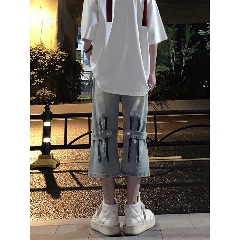 B221美式ins高街设计感拉链直筒七分牛仔裤LK23071-P55控78,男装牛仔裤,电商B221