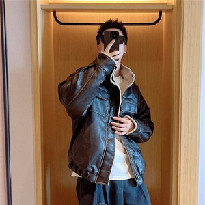 网图做旧复古羊羔毛皮衣棉服工装飞行员棉衣外套A025-SY1187-P125图片