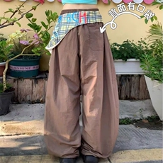 美式复古辣妹宽松高腰屁帘拼接工装裤女夏季宽松阔腿伞兵拖地长裤，男装休闲裤，星座1210-1