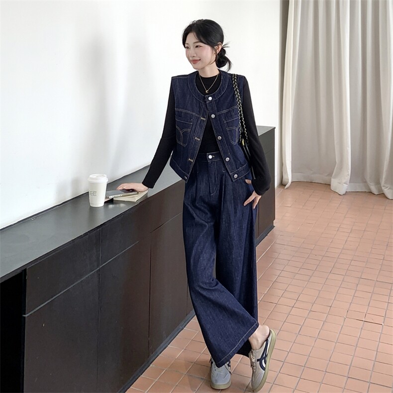 港风时尚设计感牛仔套装女2025秋季新款休闲宽松外套阔腿裤两件套,女装套装/套裙,2D013