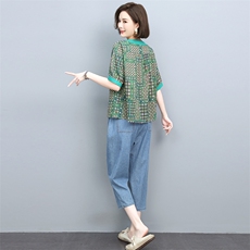 女士棉麻套装2025夏季新款中妈妈时尚休闲夏装显瘦亚麻t恤两件套，女装套装/套裙，依恋蒂丝